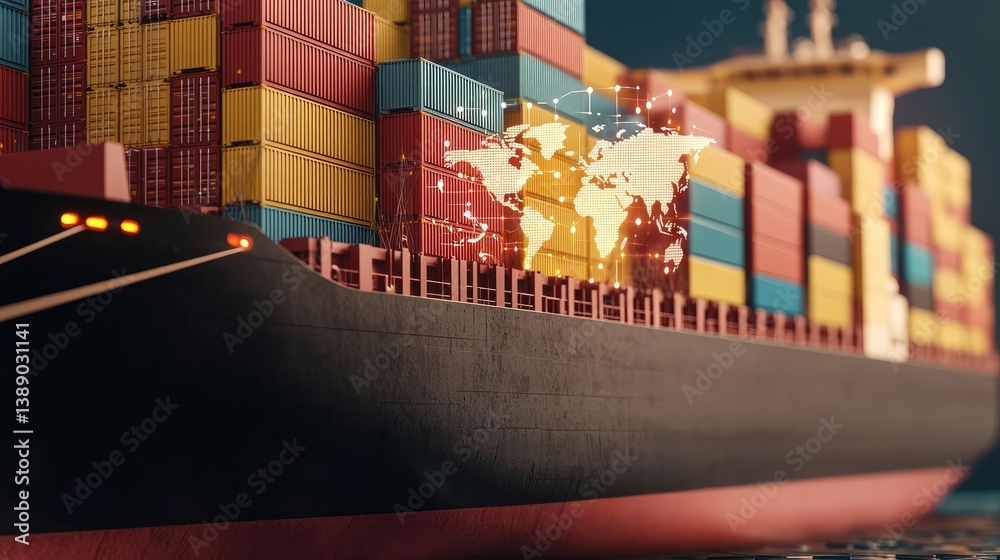 Poster Cargo ship in harbor with global shipping logistic concept. Container ship transporting cargo across the ocean with efficiency.