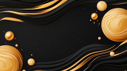 Abstract design featuring flowing black waves and golden spheres against a dark background