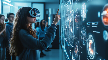 A futuristic AI enhanced education lab, students using AR holographic lessons, EdTech style