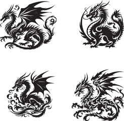 Flock of dragons flying over rolling clouds at sunrise