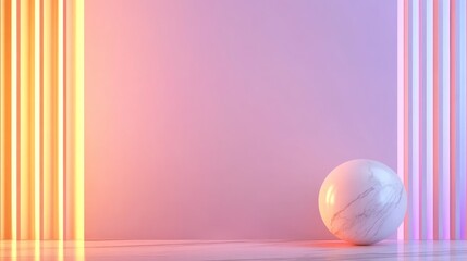 A minimalist interior scene featuring a marble sphere against a softly illuminated wall