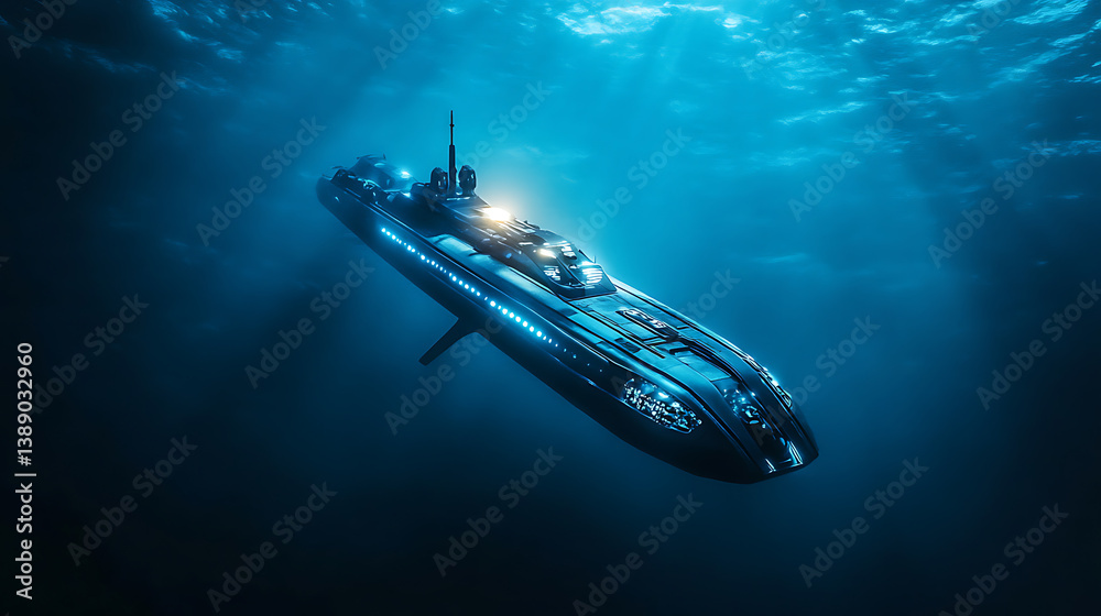 Wall mural a futuristic ai powered autonomous submarine, ai-controlled submarines exploring deep-sea ecosystems