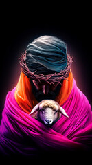 Religious figure embracing sheep in vibrant robes