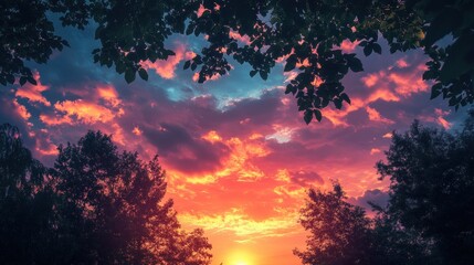 Vibrant sunset sky through tree branches in a tranquil evening landscape