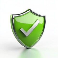 A green shield with a silver border and a silver checkmark on a white background in a studio shot isolated on white background