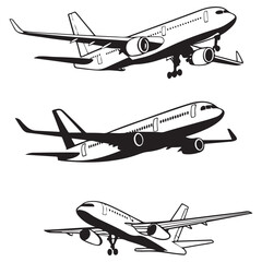 Aeroplane vector. Collection objects of air transport in front, side, top and back view. Passenger or cargo plane flight vector illustration.