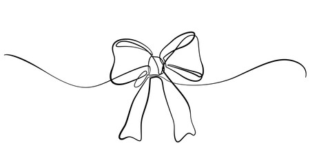 Bow Continuous One Line Vector Illustration in Minimalist Style. Cute Bow Black Sketch Isolated on White Background. Ribbon Silhouette Vector Minimalistic Illustration