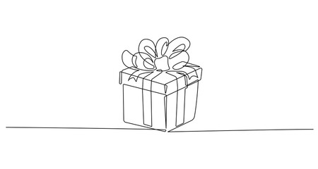 Continuous One Line Drawing of Gift Box. Holiday Concept One Line Art. Christmas Gift Box Black Sketch Isolated on White Background. Vector Minimalism Design