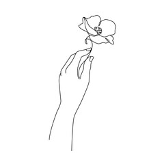 Hand with Flower Line Art Beauty Drawing. Minimalistic Simple Linear Illustration of Female Hand with Flower. Woman's Hand and Poppy Flower One Line Art for Manicure Salon Studio, Spa, Beauty Design.