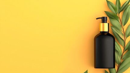 Black bottle with pump on vibrant yellow background surrounded by green leaves, ideal for beauty products