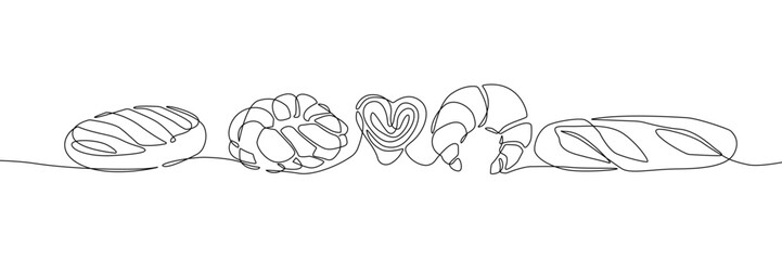 Bakery Products Continuous One Line Drawing. Bakery Trendy Minimalist Vector Illustration. Dessert Food One Line Abstract Drawing Minimalist Contour Style for Modern Design.