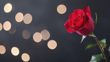 beautiful red rose stands elegantly against blurred background of soft lights, creating romantic atmosphere