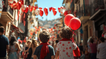 Families celebrate San Fermin festival in Pamplona, Spain, with children joyfully holding balloons and wearing red scarves in July