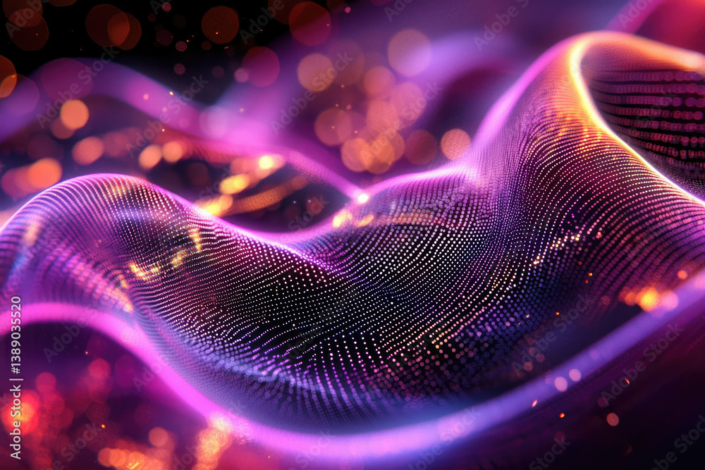 Poster abstract purple and orange wave of particles with bokeh lights in background.