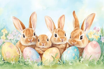 Obraz premium A charming watercolor illustration of several adorable rabbits with eggs