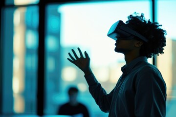 A person wearing a VR headset interacts with a virtual environment, hand outstretched.