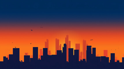Fototapeta premium City skyline silhouette against a vibrant sunset gradient 