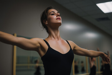 female ballet dancer gracefully poses in dance studio, exuding confidence and elegance