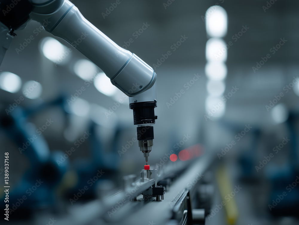 Poster robotic arm operates on assembly line in factory setting, showcasing precision and technology