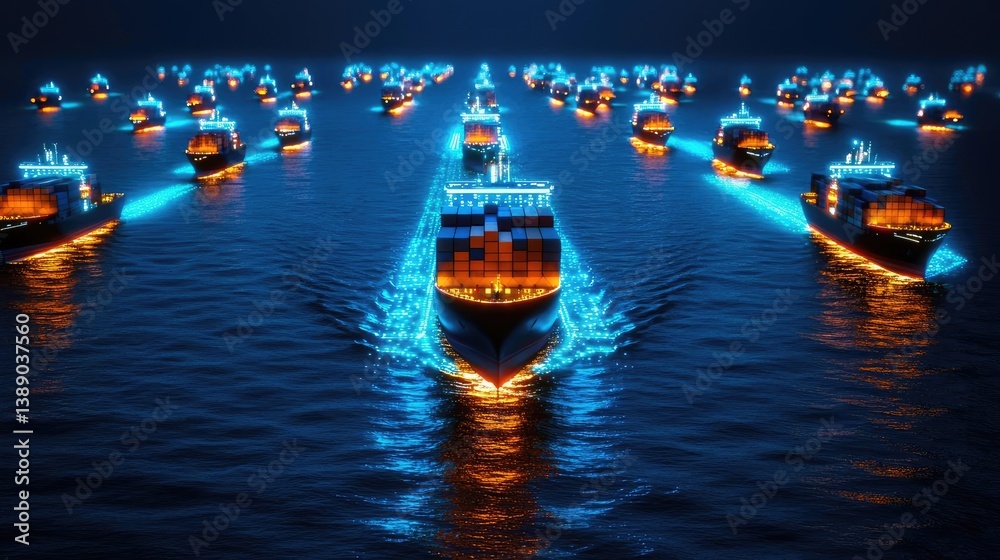 Poster cargo ship in harbor with global shipping logistic concept. illuminated cargo ships navigating throu
