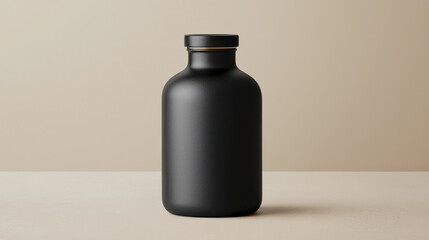 Mockup of matte black glass bottle with gold accents on neutral background