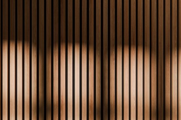 Vertical wooden acoustic panel hit by daylight. Black acoustic foam in the back of the panel.