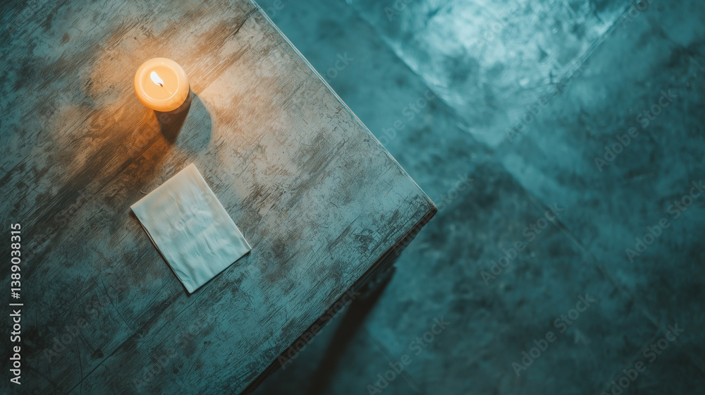 Poster single candle illuminates rustic wooden table with folded napkin, creating serene atmosphere