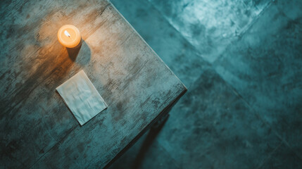single candle illuminates rustic wooden table with folded napkin, creating serene atmosphere