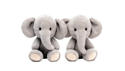 Two grey elephant plush toys sitting next to each other on a in a studio shot on transparent background