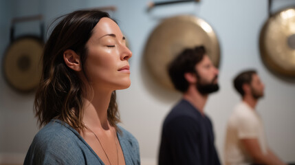 serene yoga studio with people practicing breathwork, focusing on relaxation and mindfulness