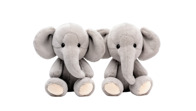 Two grey elephant plush toys sitting next to each other on a in a studio shot on transparent background