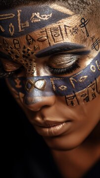 Retrato de una mujer con maquillaje de jerogl&iacute;ficos dorados sobre un fondo oscuro.