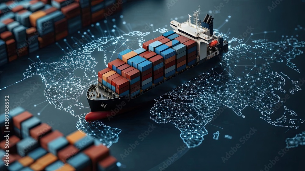 Poster cargo ship in harbor with global shipping logistic concept. aerial view of cargo ship navigating glo
