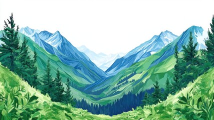 Fototapeta premium Verdant Valley Vista Awaits Serene Exploration of Majestic Mountains and Lush Forests in a Tranquil Landscape Captured from a High Angle