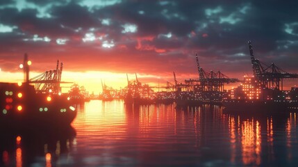 Obraz premium Cargo ship in harbor with global shipping logistic concept. Sunset over a bustling port with cargo ships and cranes.