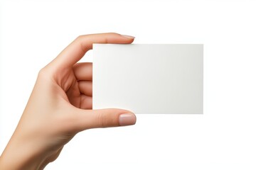 Obraz premium Elegant Female Hand Grasping a Blank Name Card Isolated on a Clean White Background for Business Advertisement