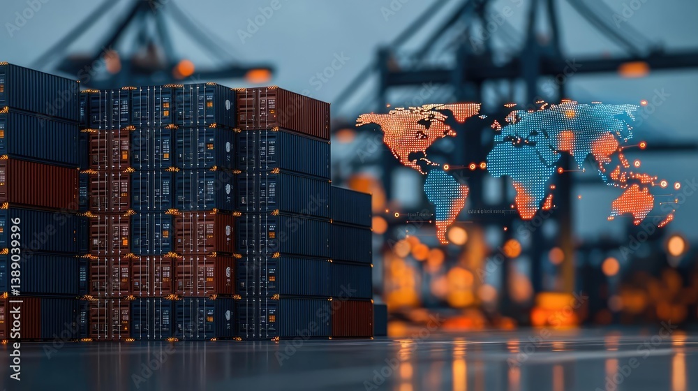 Poster cargo ship in harbor with global shipping logistic concept. shipping containers stacked in a port wi