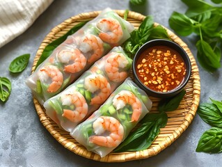 Traditional Chinese Spring Rolls on Bamboo Platter with Crispy Golden Wrappers and Sweet Chili Dipping Sauce (AI Image)