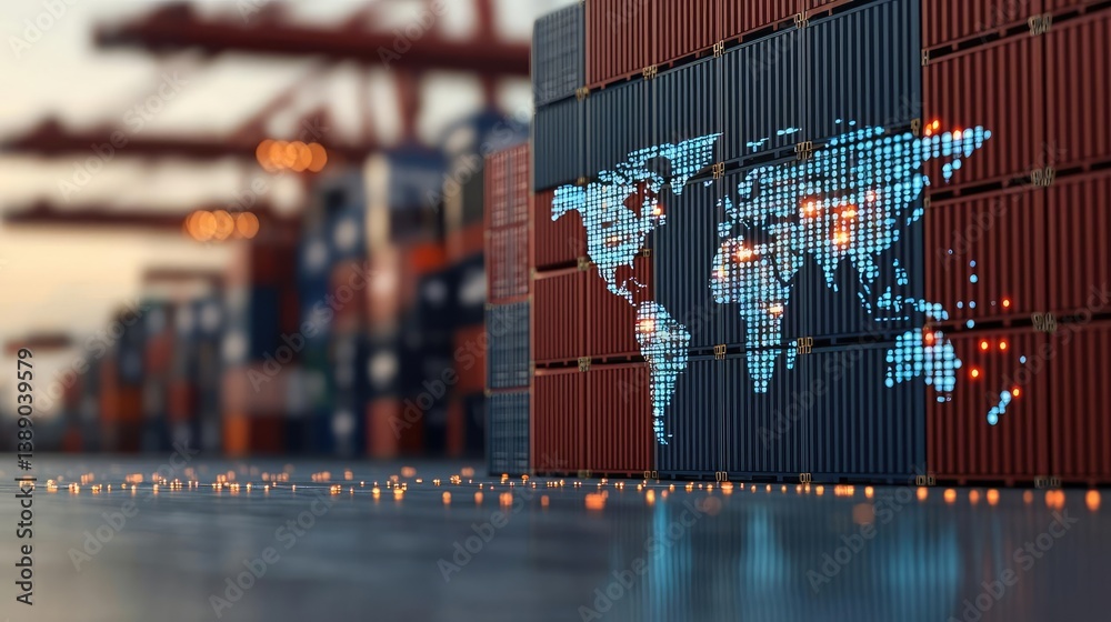 Aufkleber Cargo ship in harbor with global shipping logistic concept. A digital world map displayed on shipping containers at a port.