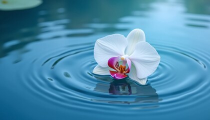 Elegant orchid floating in water, ripples around it, serene blue toned background.