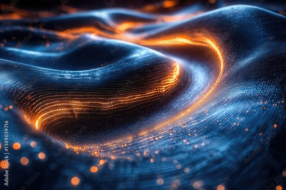 Poster Abstract digital wave with glowing orange and blue particles, creating a mesmerizing, futuristic landscape.