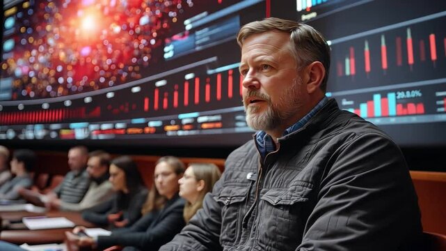 Focused man leads meeting on data analysis, showcasing teamwork through technology and colorful graphs for effective insights.