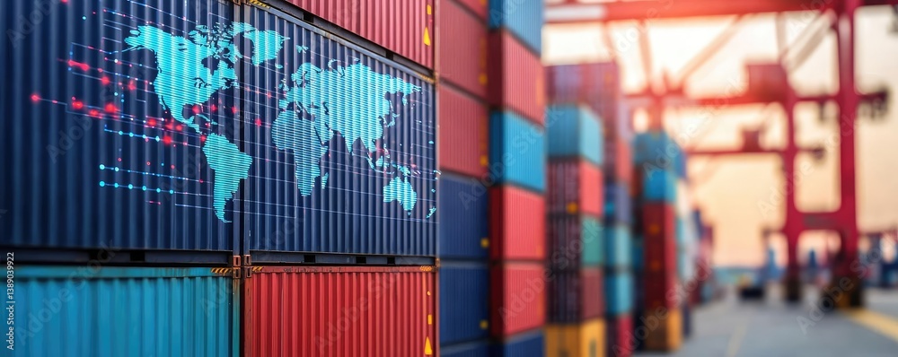 Poster cargo ship in harbor managing global logistic transportation concept. containers at a shipping port 