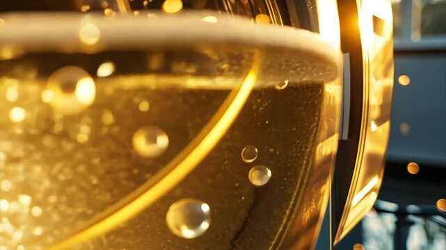Sparkling wine in a glass, illuminated by sunlight