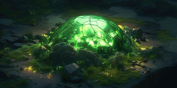 Futuristic Space Habitat: Abstract Marketing Background with Biodome, Bioluminescent Pulses, and Self-Repairing Textures. Eco-Tech Metaphor in Isometric Sci-Fi Art for Creative Design. AI-Generated Po
