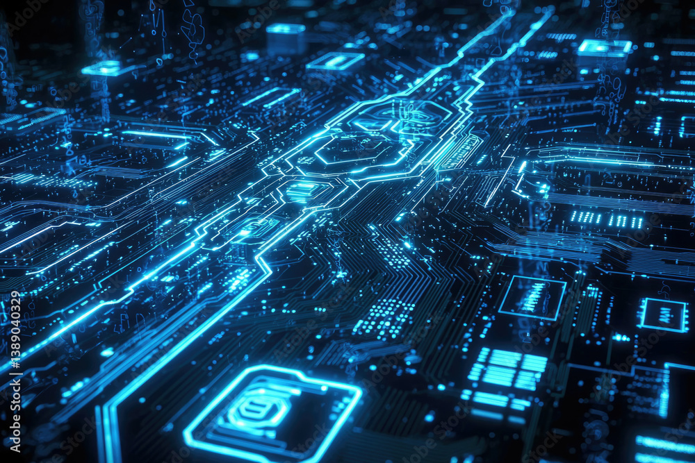 Poster Abstract digital circuitry glowing with blue light, representing data flow and technological advancement.