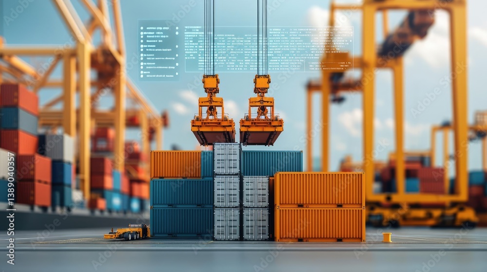 Poster cargo ship in harbor with global shipping logistic concept. modern logistics with cranes lifting col