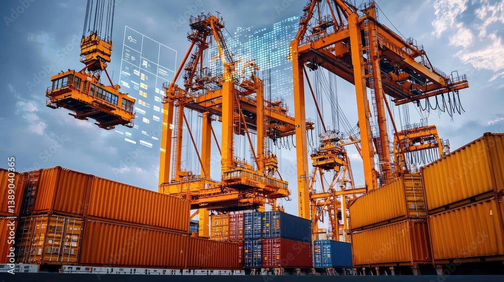 Poster cargo ship in harbor with global shipping logistic concept. modern cargo cranes unloading containers