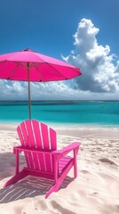 Obraz premium Vibrant pink beach chair and umbrella on pristine white sand with turquoise ocean under a bright blue sky creating a serene tropical vacation scene