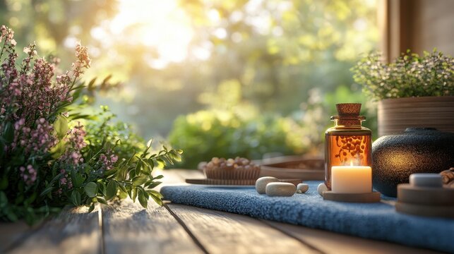 Serene garden spa scene with candles and aromatic oils at sunset